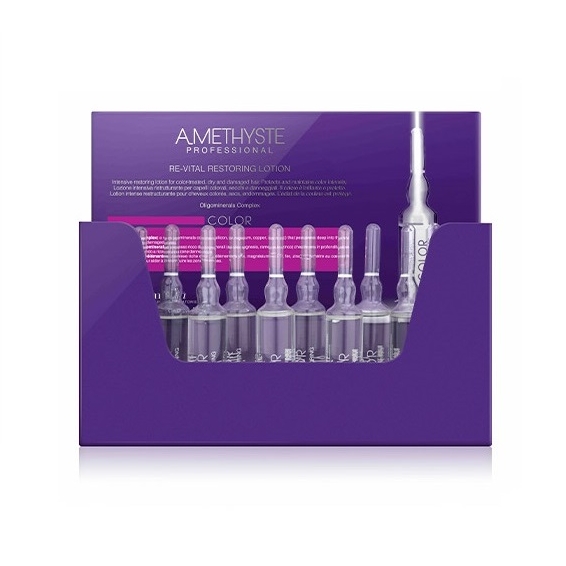 AMETHYSTE Color Re-vital Restoring Lotion Lozione protezione colore, trattamento intensivo ristrutturante per capelli colorati, secchi e danneggiati. La specifica formulazione apporta forza e vigore al capello, grazie a un complesso di Oligominerali (silicio, magnesio, rame, ferro, zinco) che penetra in profondità nella fibra capillare, aiutando a ricostruire le zone danneggiate. I capelli appaiono luminosi, forti e in salute. 10x10ml Modo d’uso: Applicare sui capelli umidi. Distribuire uniformemente. Lasciare in posa qualche minuto. RISCIACQUARE.